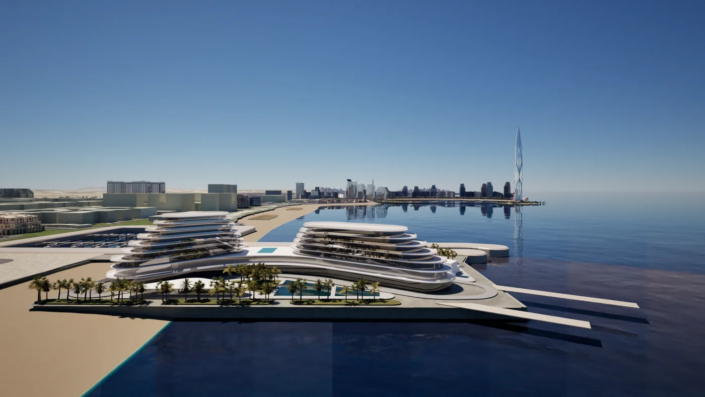 Визуализация: Nobu в Sea Breeze: ступенчатые корпуса на мысу у воды, общий план