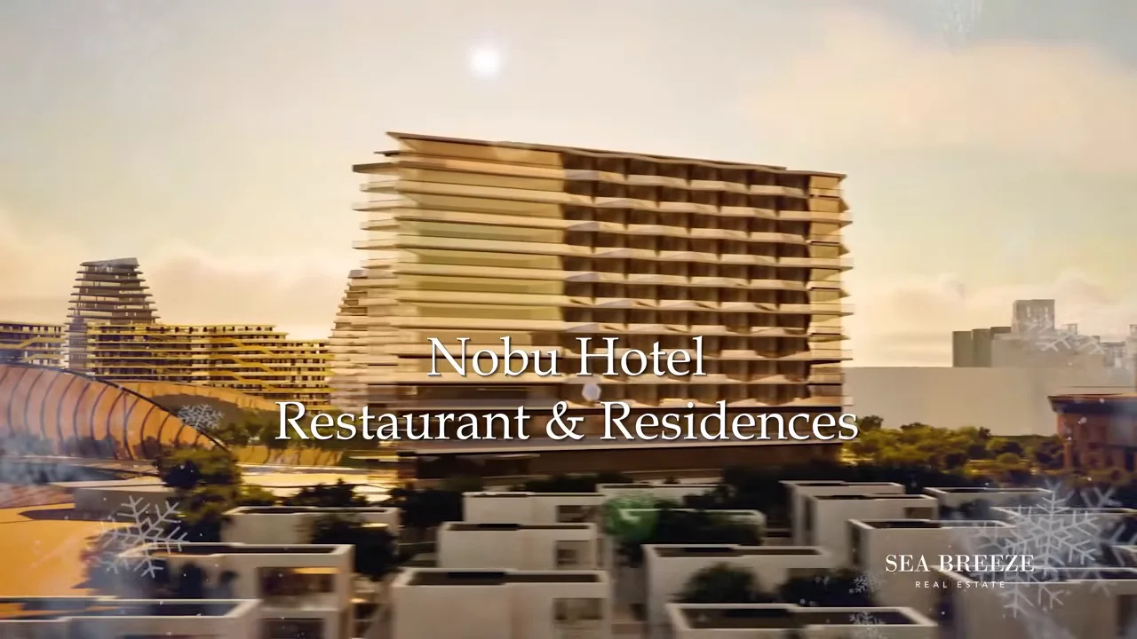 Визуализация: Кадр облёта генплана с подписью «Nobu Hotel Restaurant & Residences» (со снежинками новогоднего монтажа)