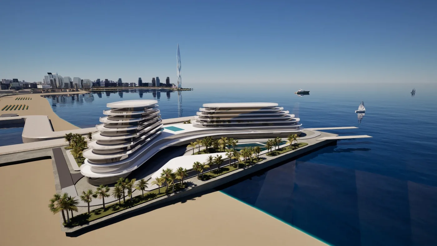 Визуализация: Nobu в Sea Breeze: террасы, пальмы и бассейны, вид с моря
